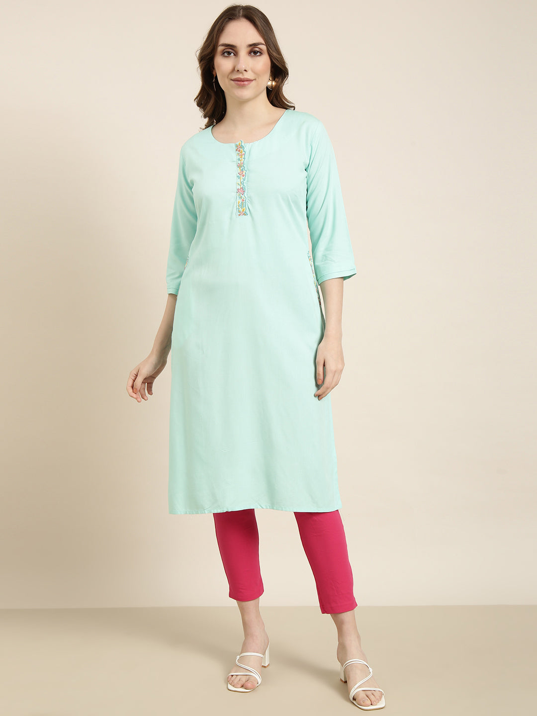 Women Straight Sea Green Solid Kurta