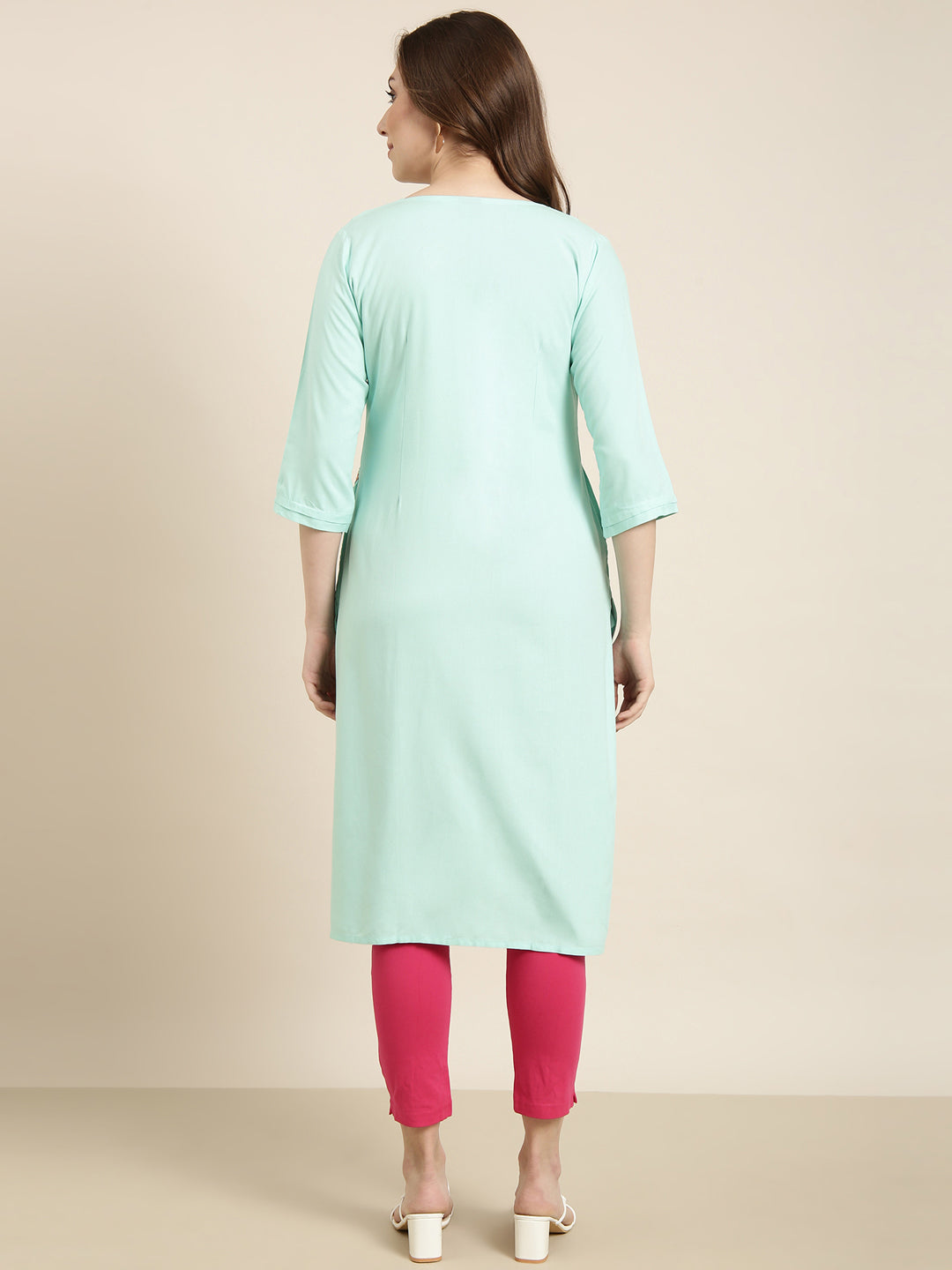 Women Straight Sea Green Solid Kurta