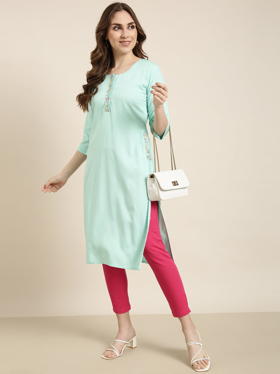 Women Straight Sea Green Solid Kurta