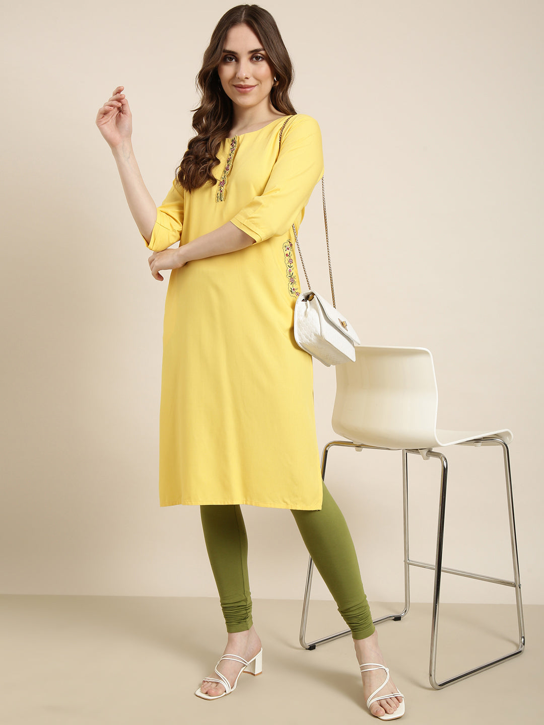 Women Straight Yellow Solid Kurta