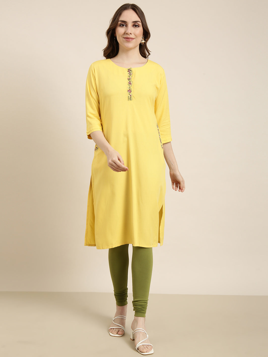 Women Straight Yellow Solid Kurta