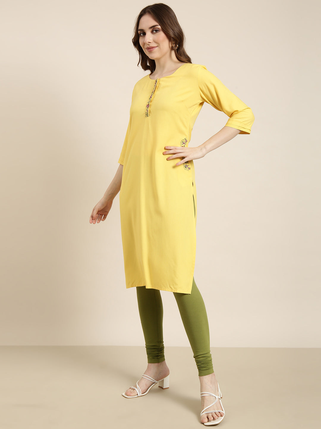 Women Straight Yellow Solid Kurta