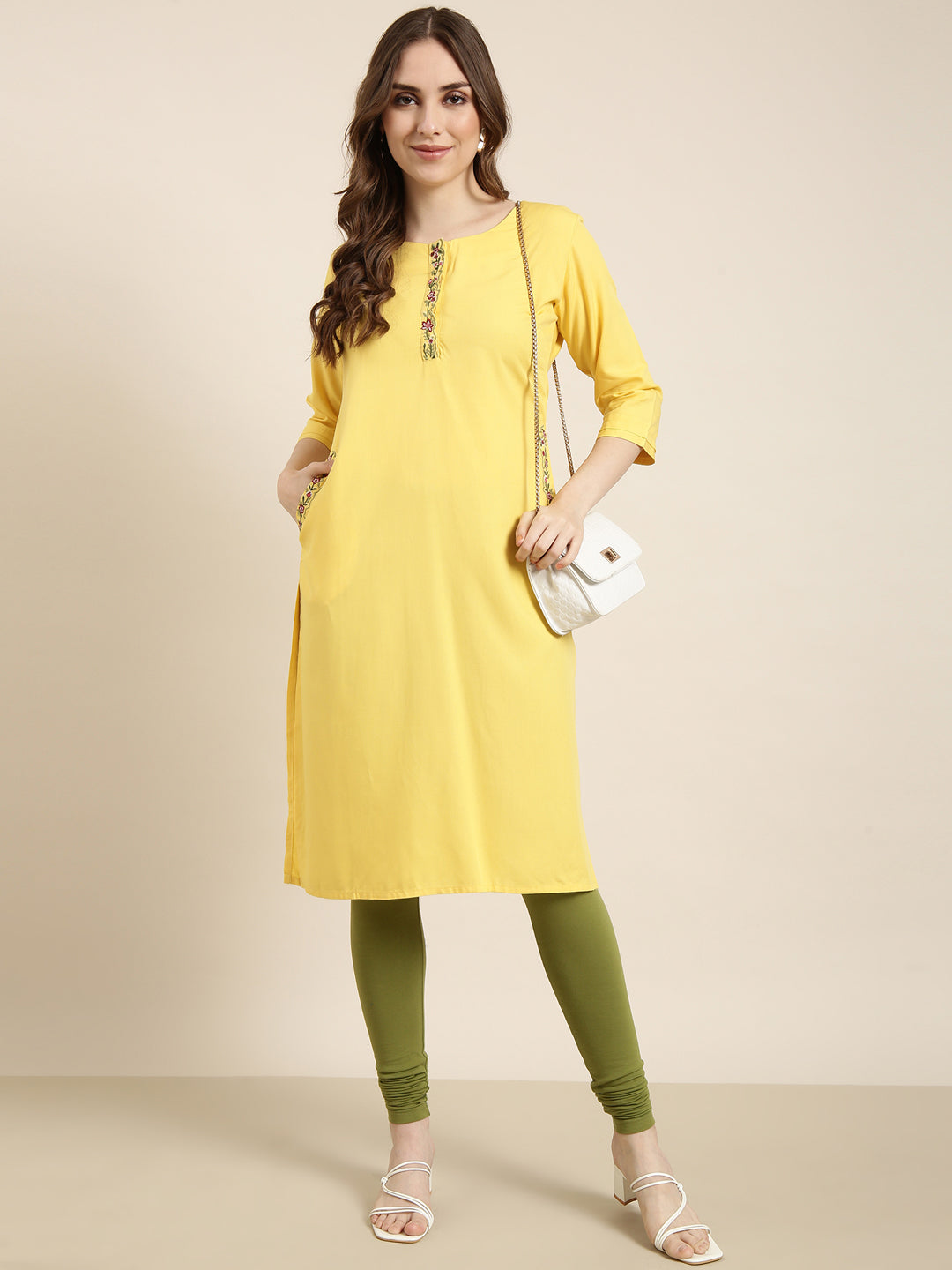 Women Straight Yellow Solid Kurta