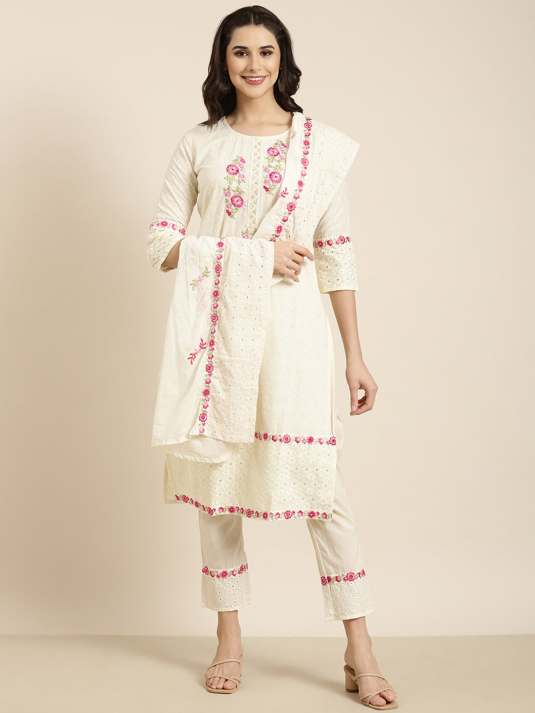 Women Straight Cream Floral Kurta and Trousers Set Comes With Dupatta