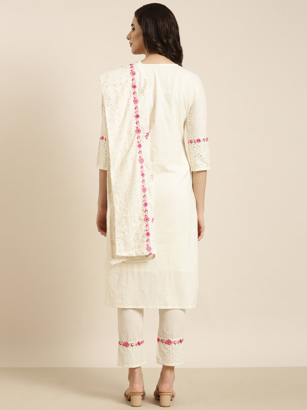 Women Straight Cream Floral Kurta and Trousers Set Comes With Dupatta