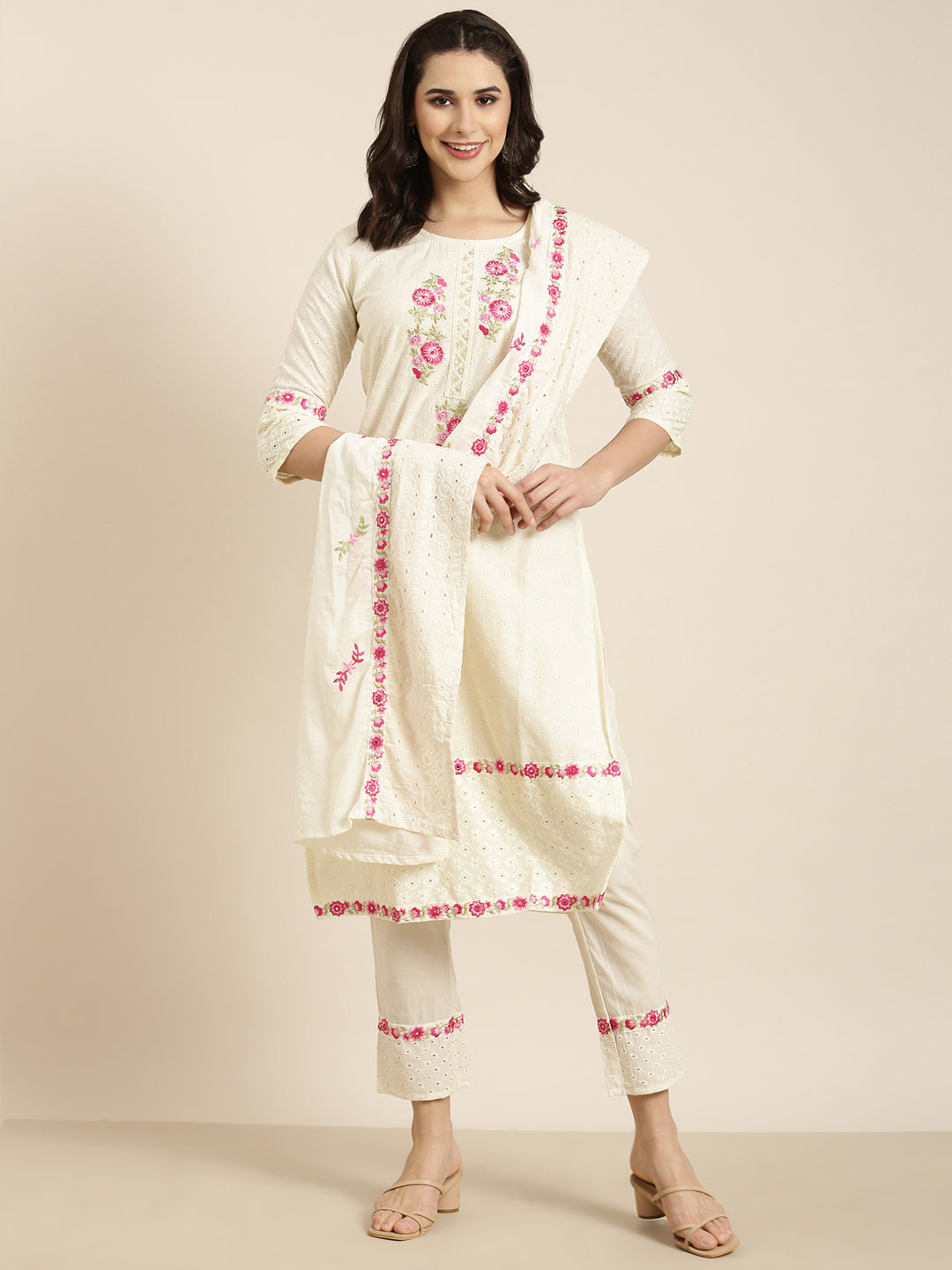 Women Straight Cream Floral Kurta and Trousers Set Comes With Dupatta