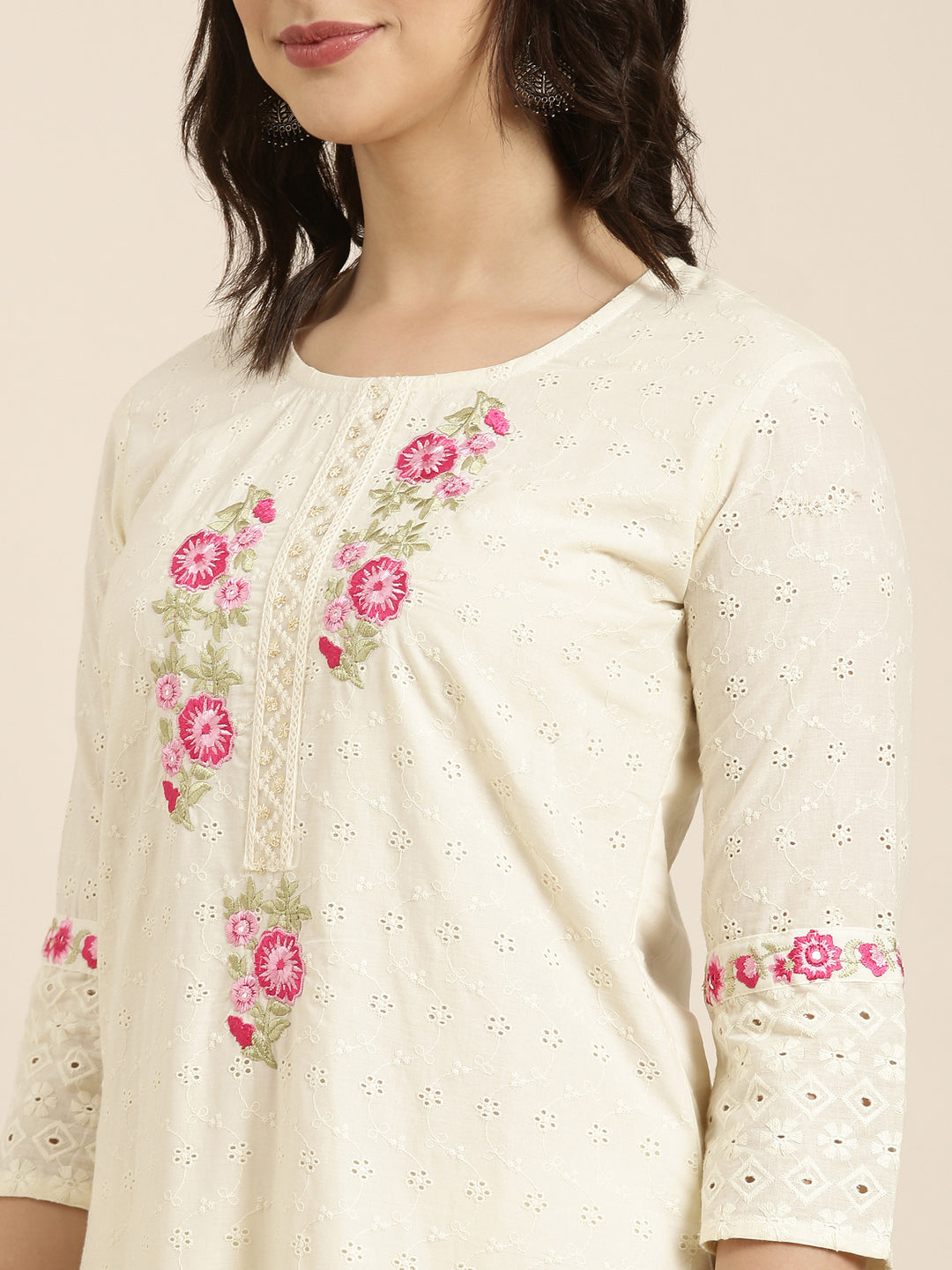 Women Straight Cream Floral Kurta and Trousers Set Comes With Dupatta