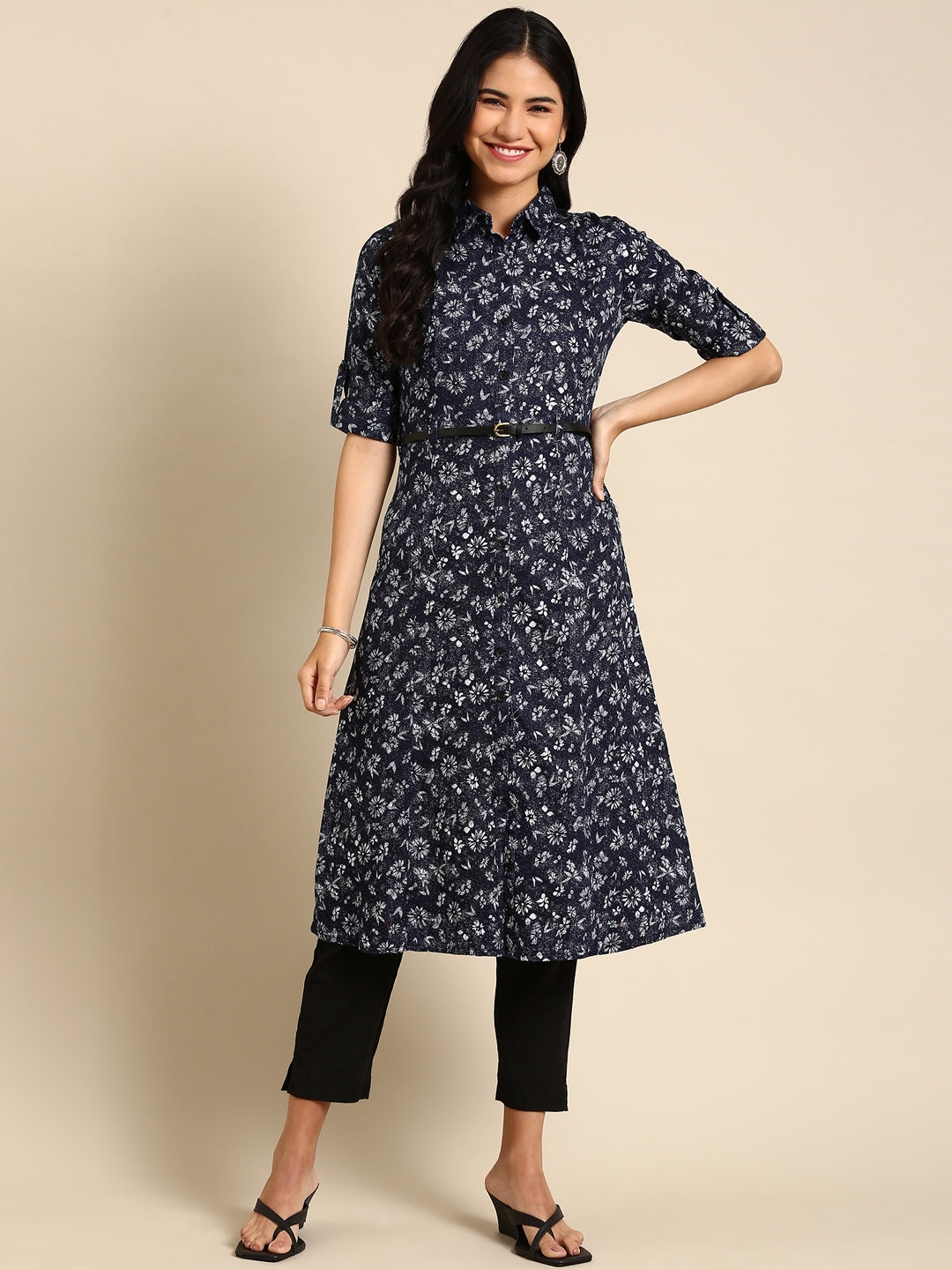 Women's Navy Blue Striped A-Line Kurta