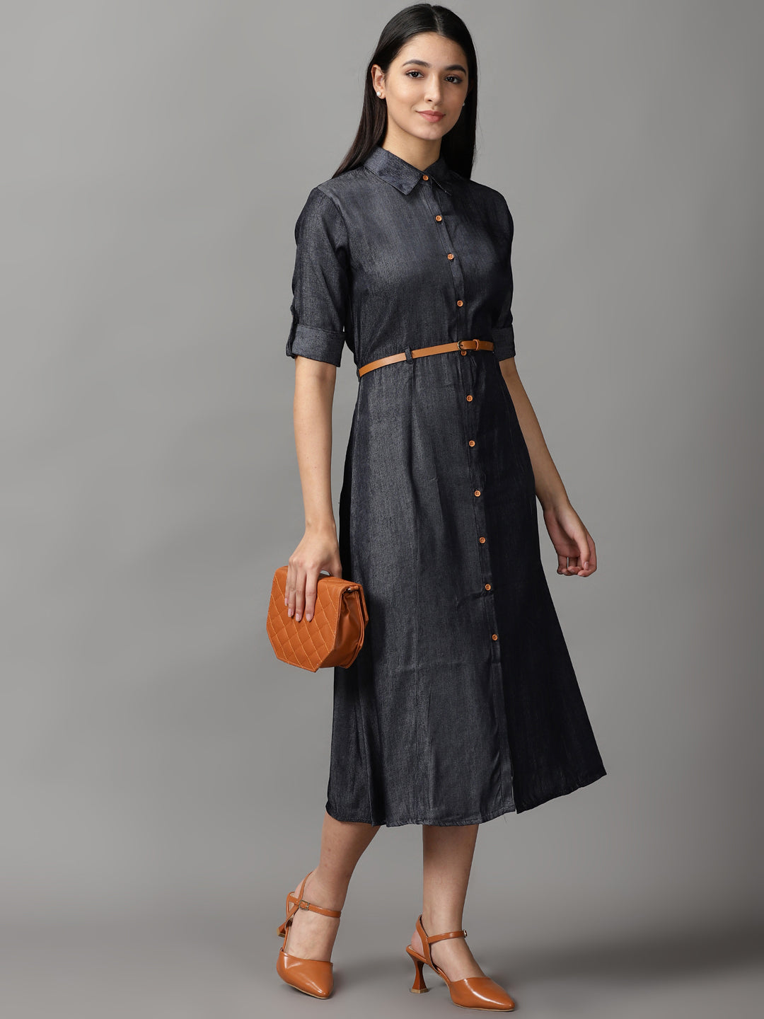 Women's Black Solid Fit and Flare Dress