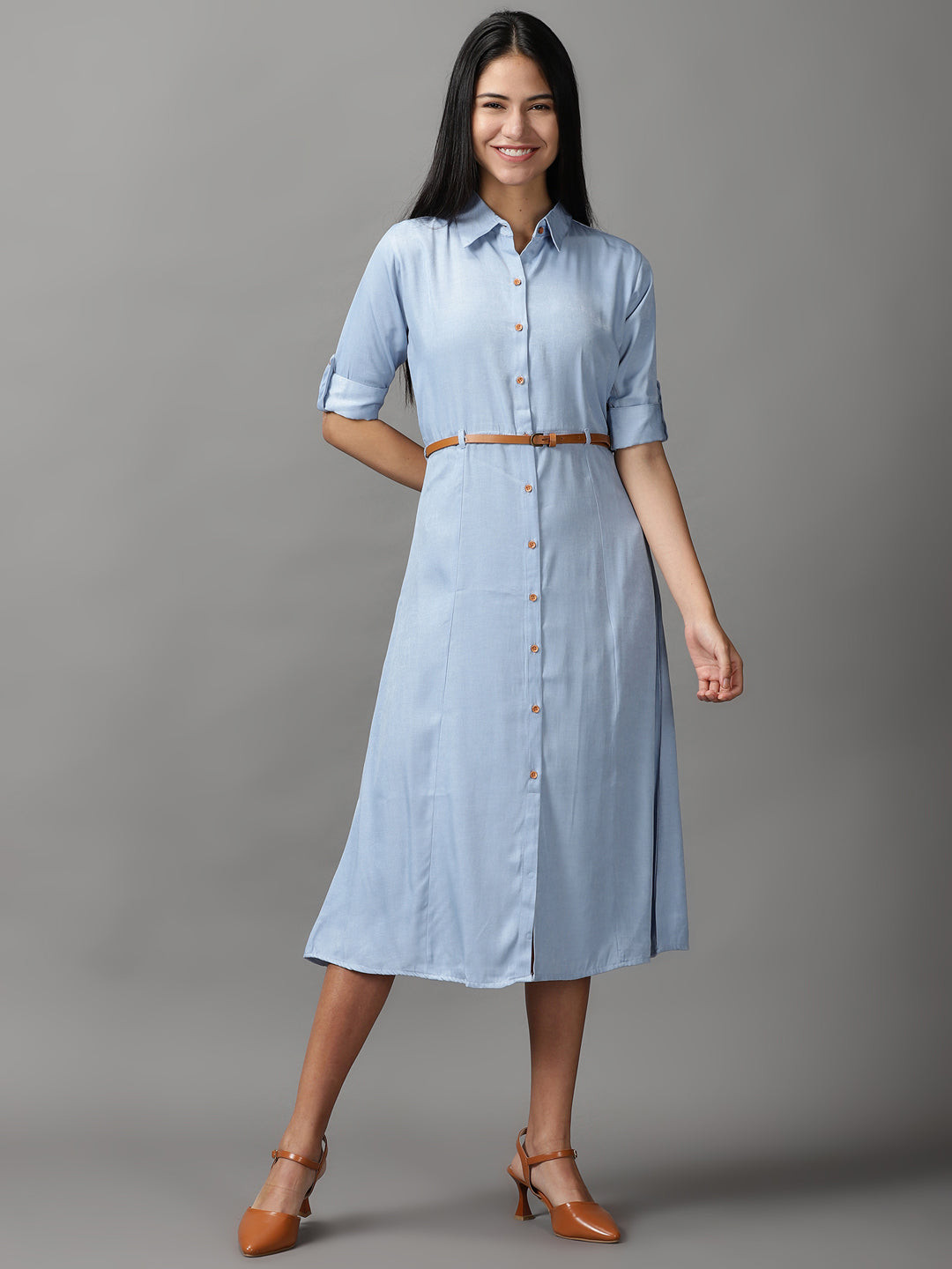 Women's Blue Shirt Fit & Flare Midi Dress