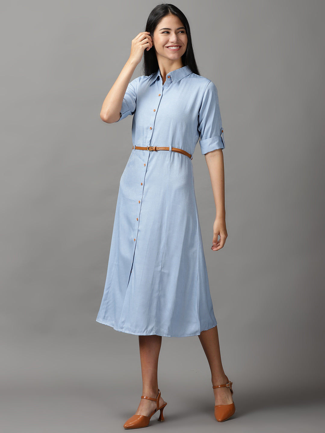 Women's Blue Shirt Fit & Flare Midi Dress