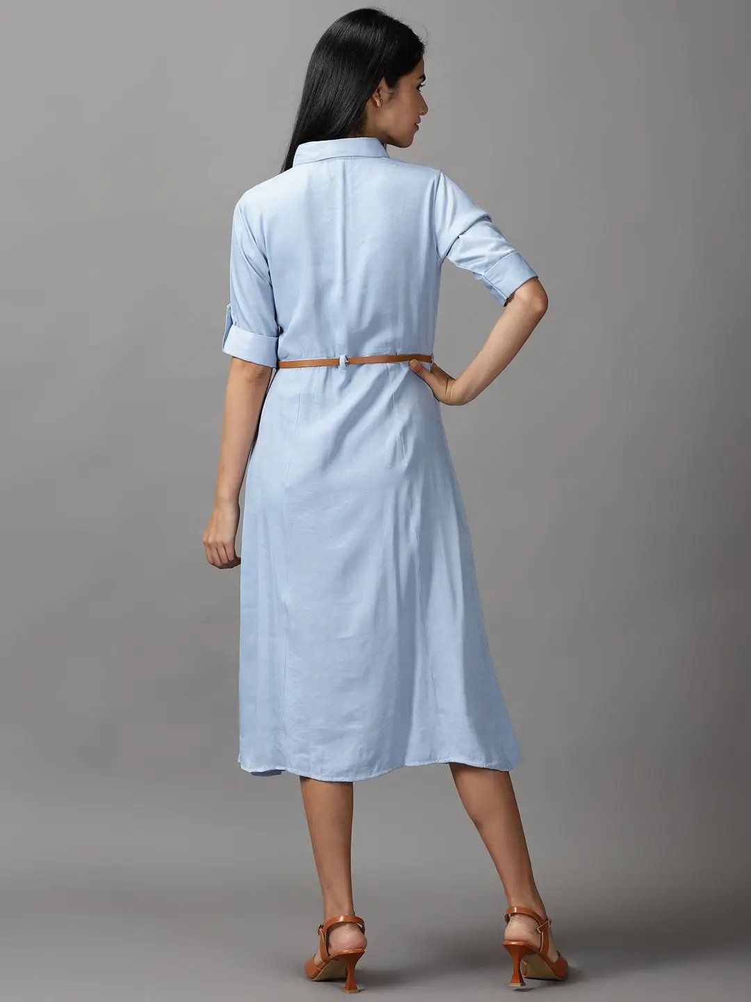 Women's Blue Shirt Fit & Flare Midi Dress - from SHOWOFFFF