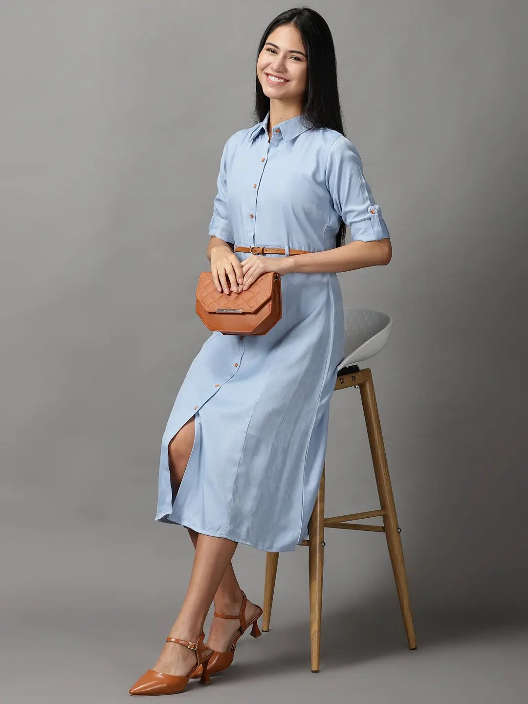 Women's Blue Shirt Fit & Flare Midi Dress - from SHOWOFFFF
