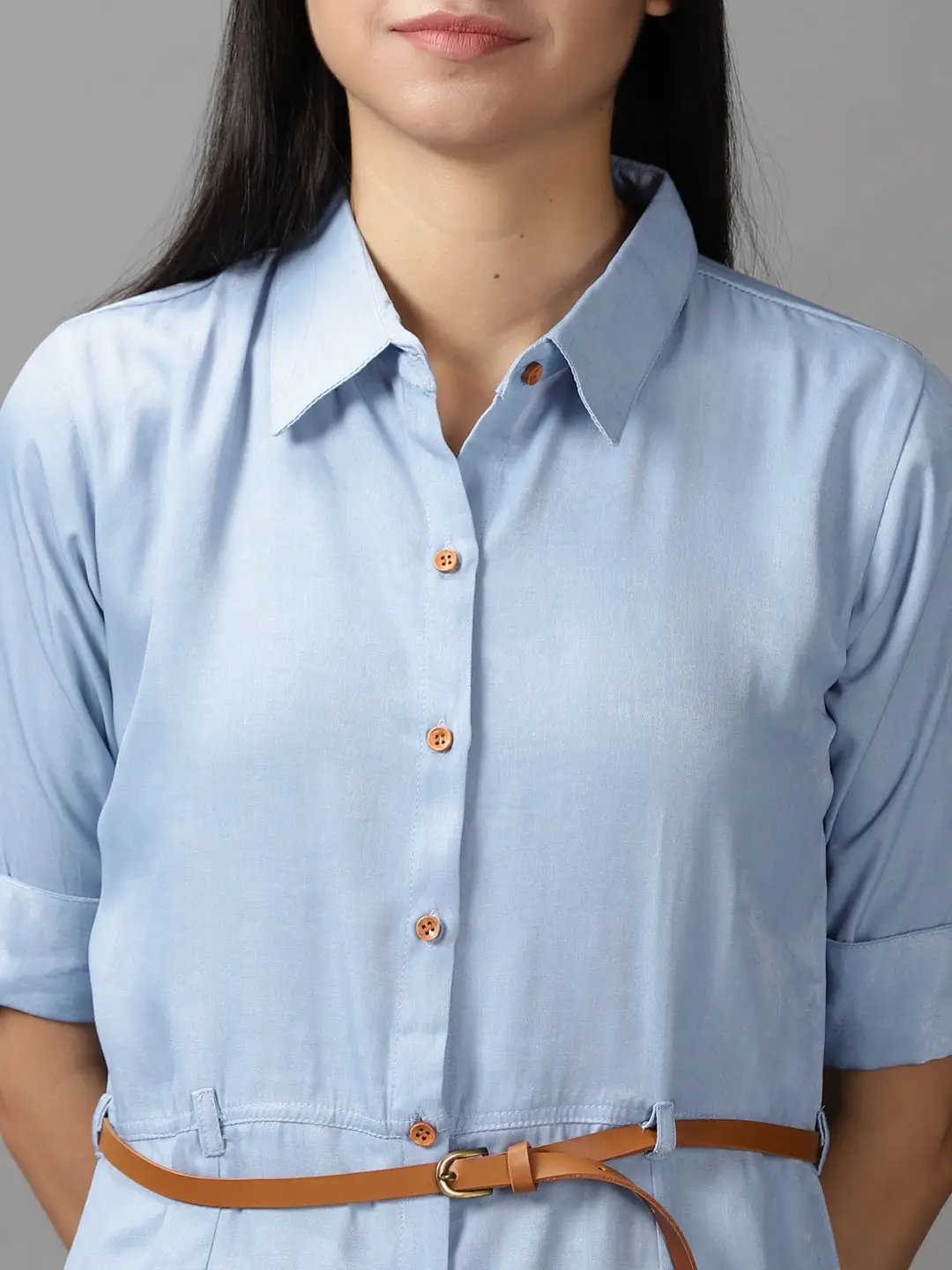 Women's Blue Shirt Fit & Flare Midi Dress - from SHOWOFFFF