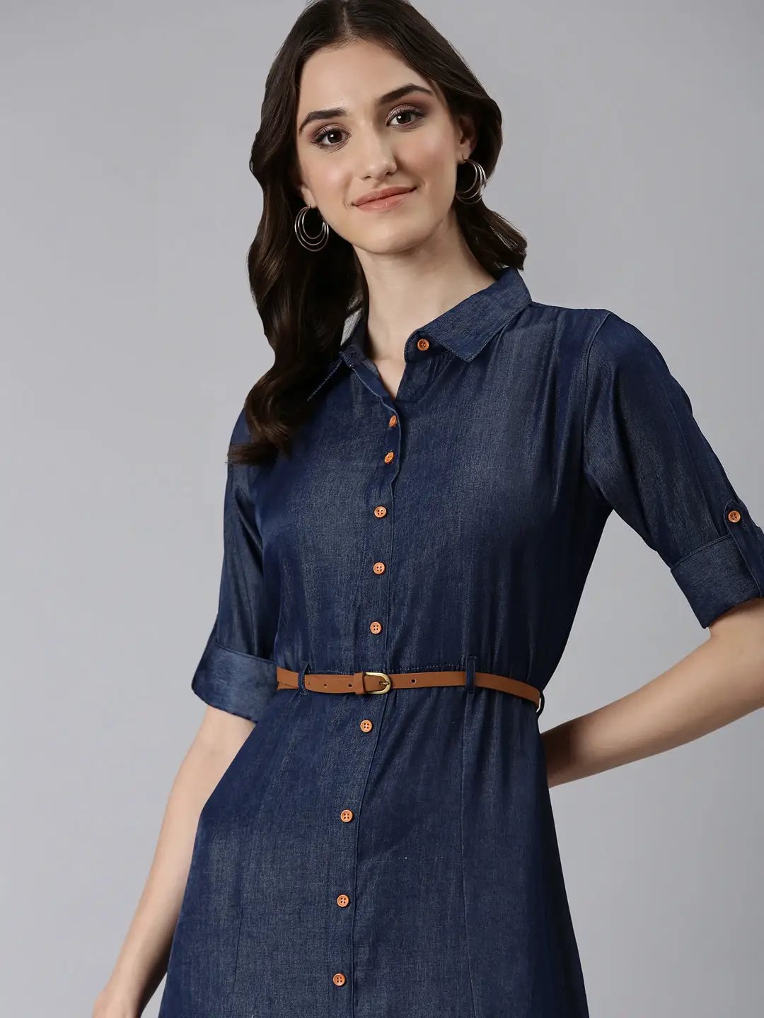 Women's Navy Blue Shirt Collar Roll-Up Sleeves Shirt Dress With Belt Women's Navy Blue Shirt Collar Roll-Up Sleeves Shirt Dress With Belt