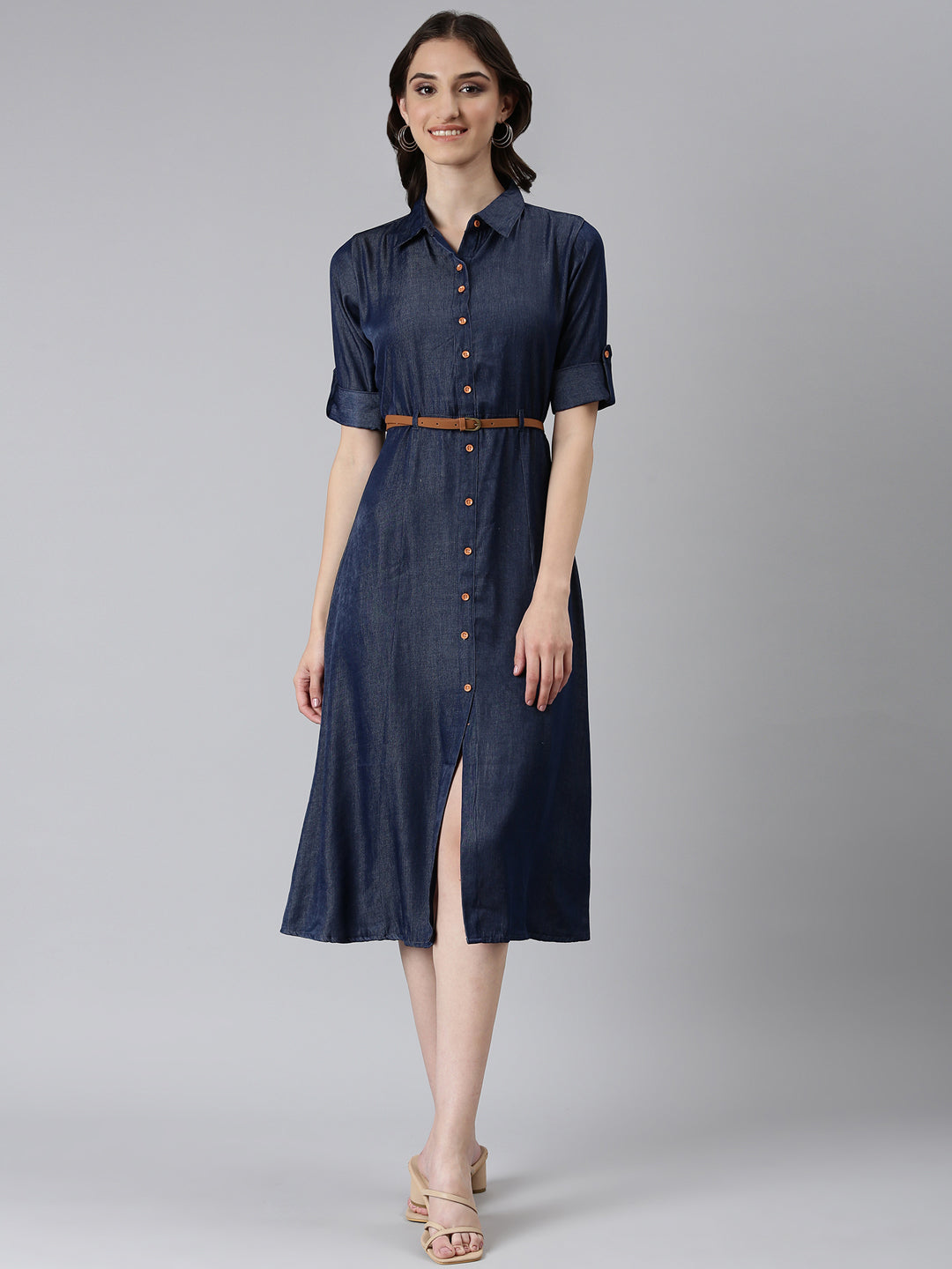 Women Navy Blue Solid Shirt Dress