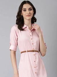 Women's Pink Shirt Collar Roll-Up Sleeves Belted Shirt Dress