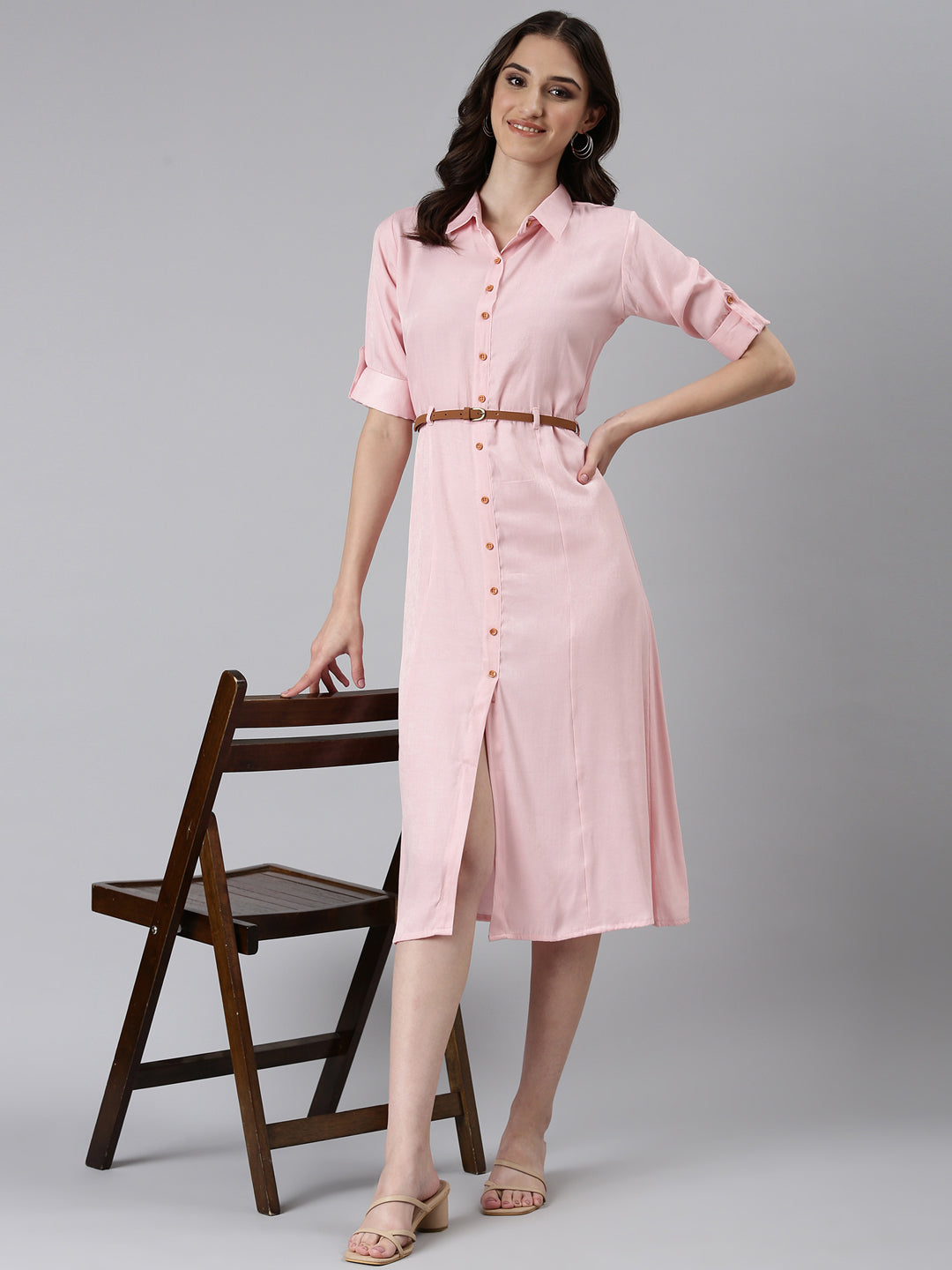 Women Pink Solid Shirt Dress