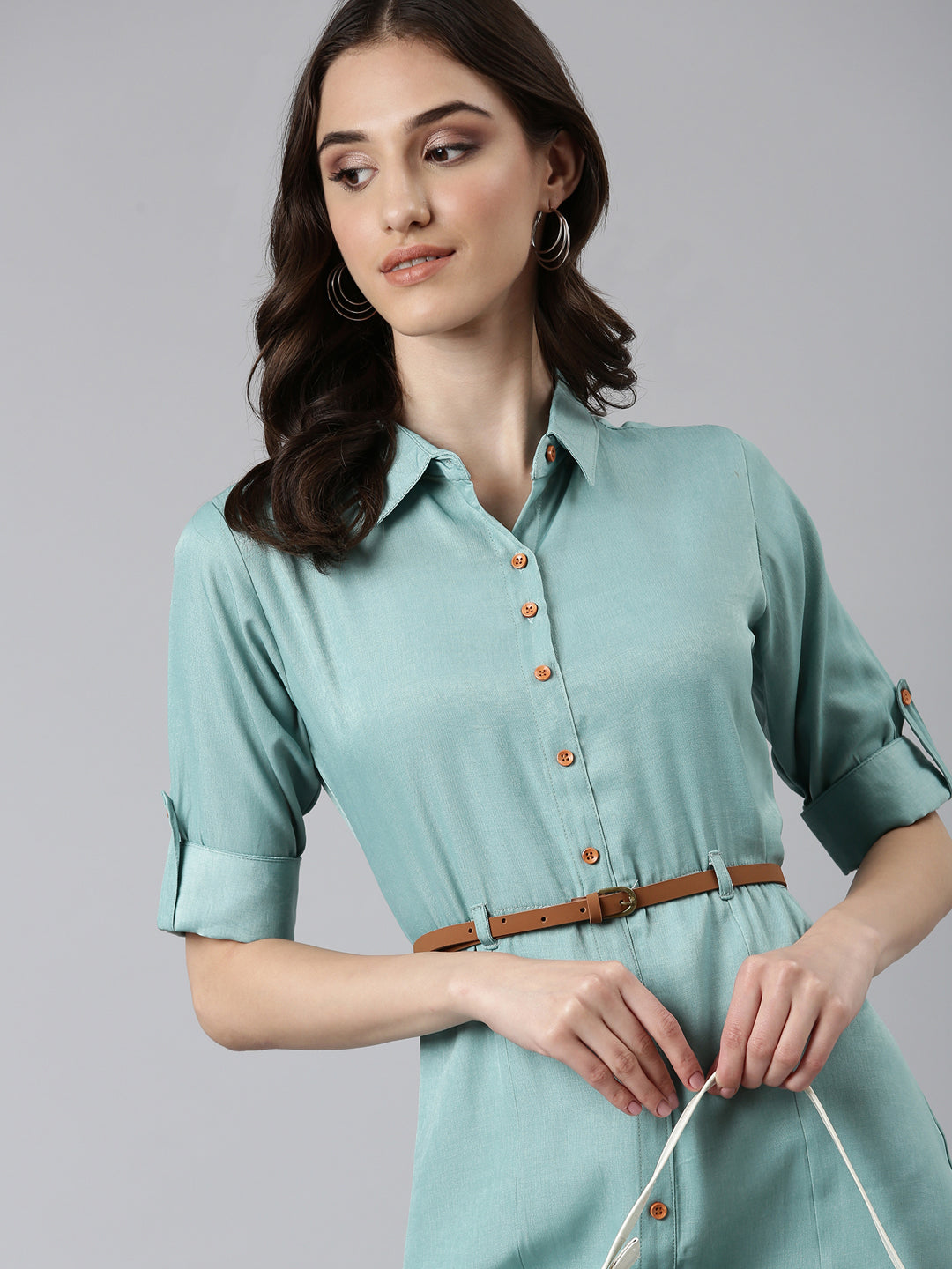 Women Sea Green Solid Shirt Dress