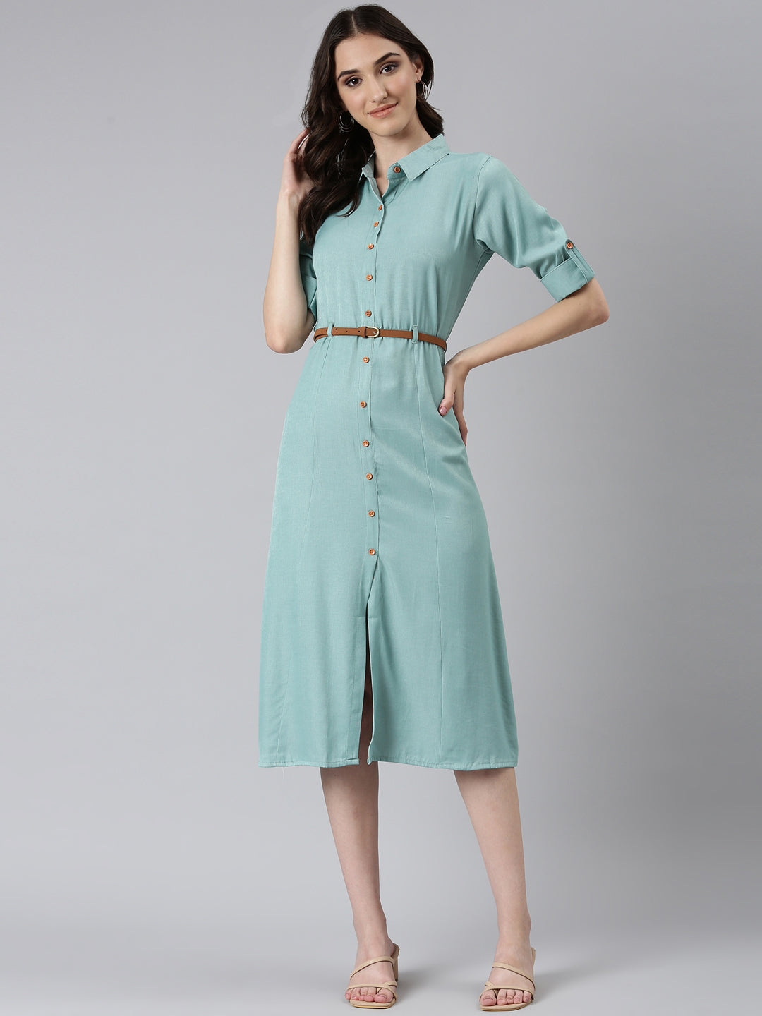 Women Sea Green Solid Shirt Dress