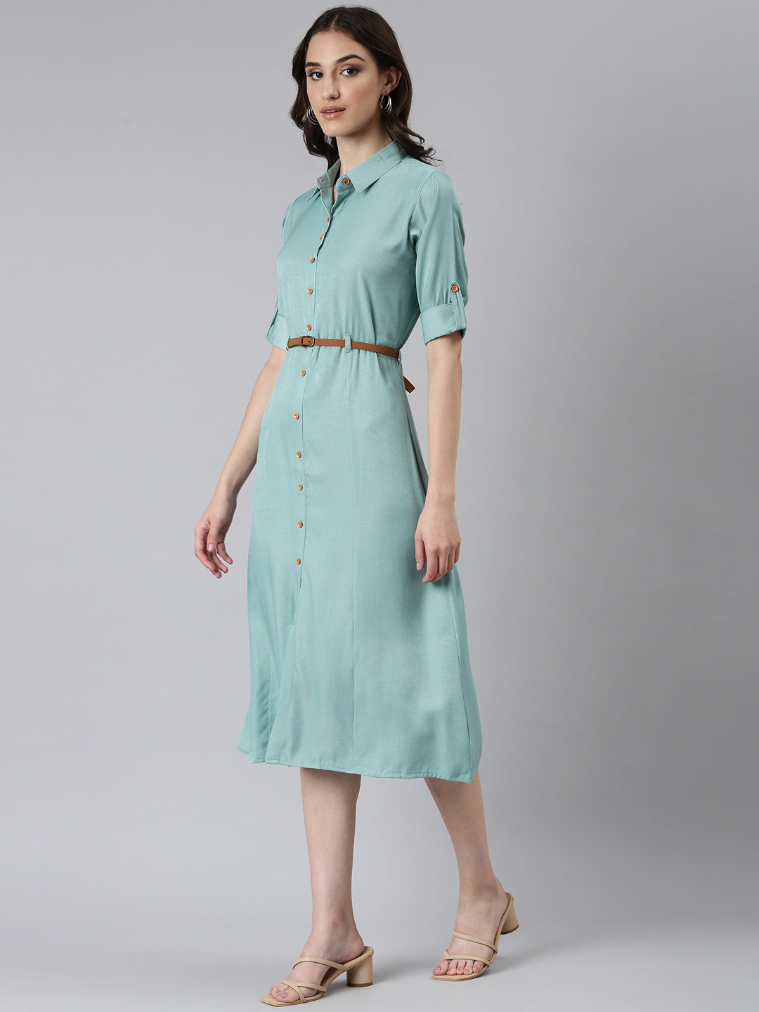 Women Sea Green Solid Shirt Dress