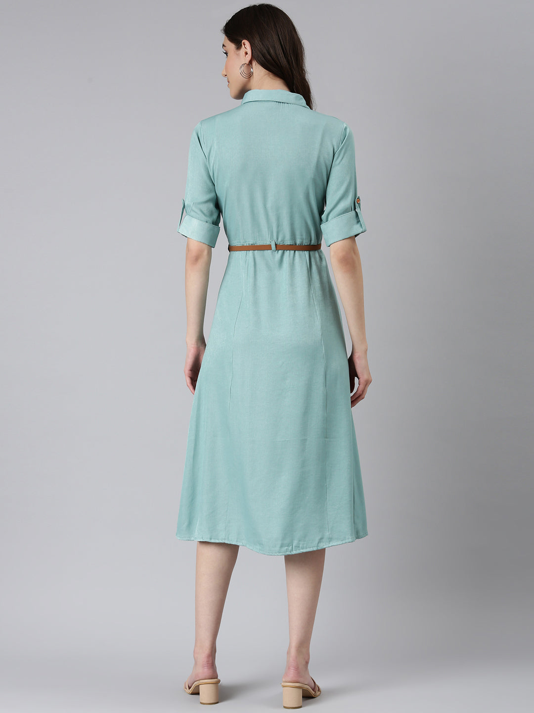 Women Sea Green Solid Shirt Dress