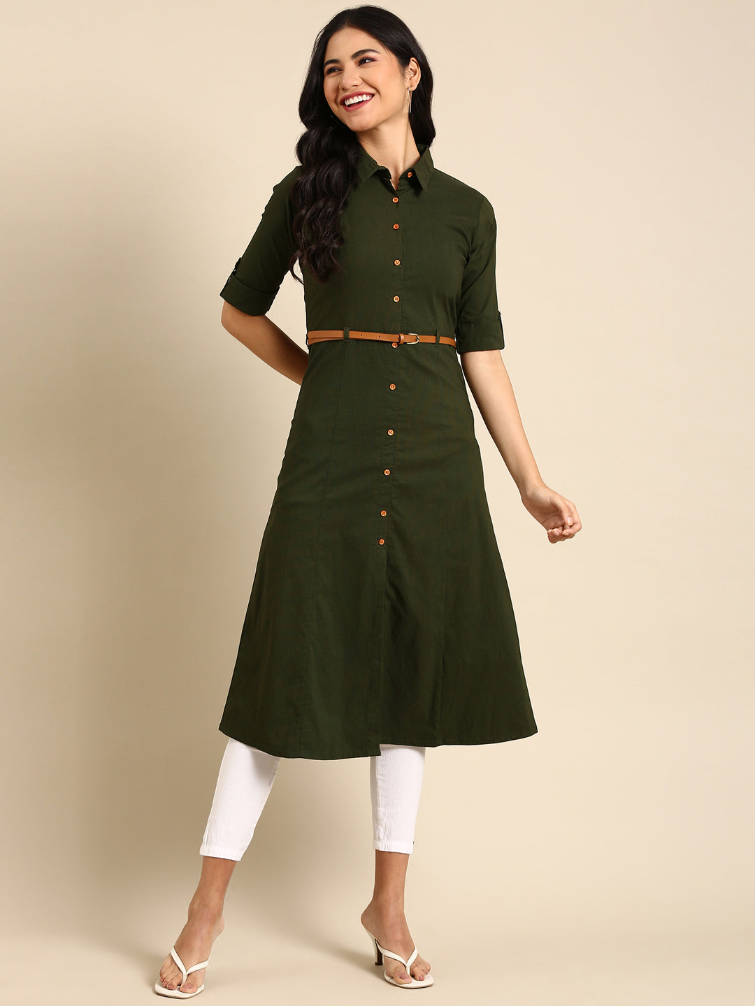 Women's Olive Solid A-Line Kurta