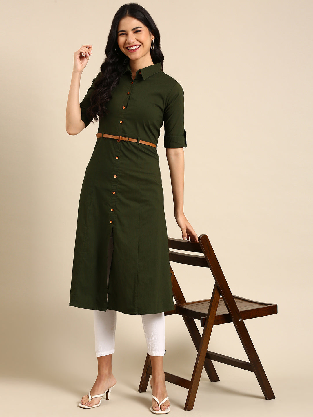 Women's Olive Solid A-Line Kurta