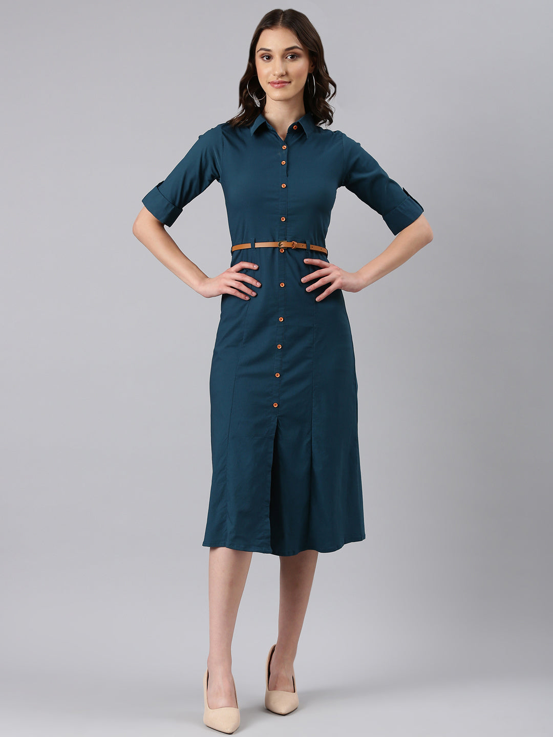 Women Teal Solid Shirt Dress