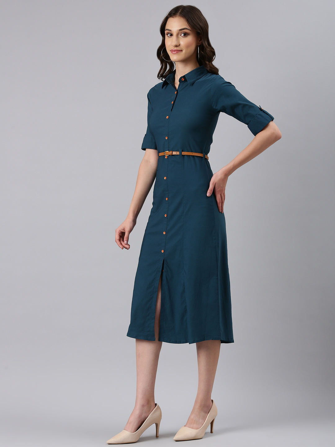 Women Teal Solid Shirt Dress