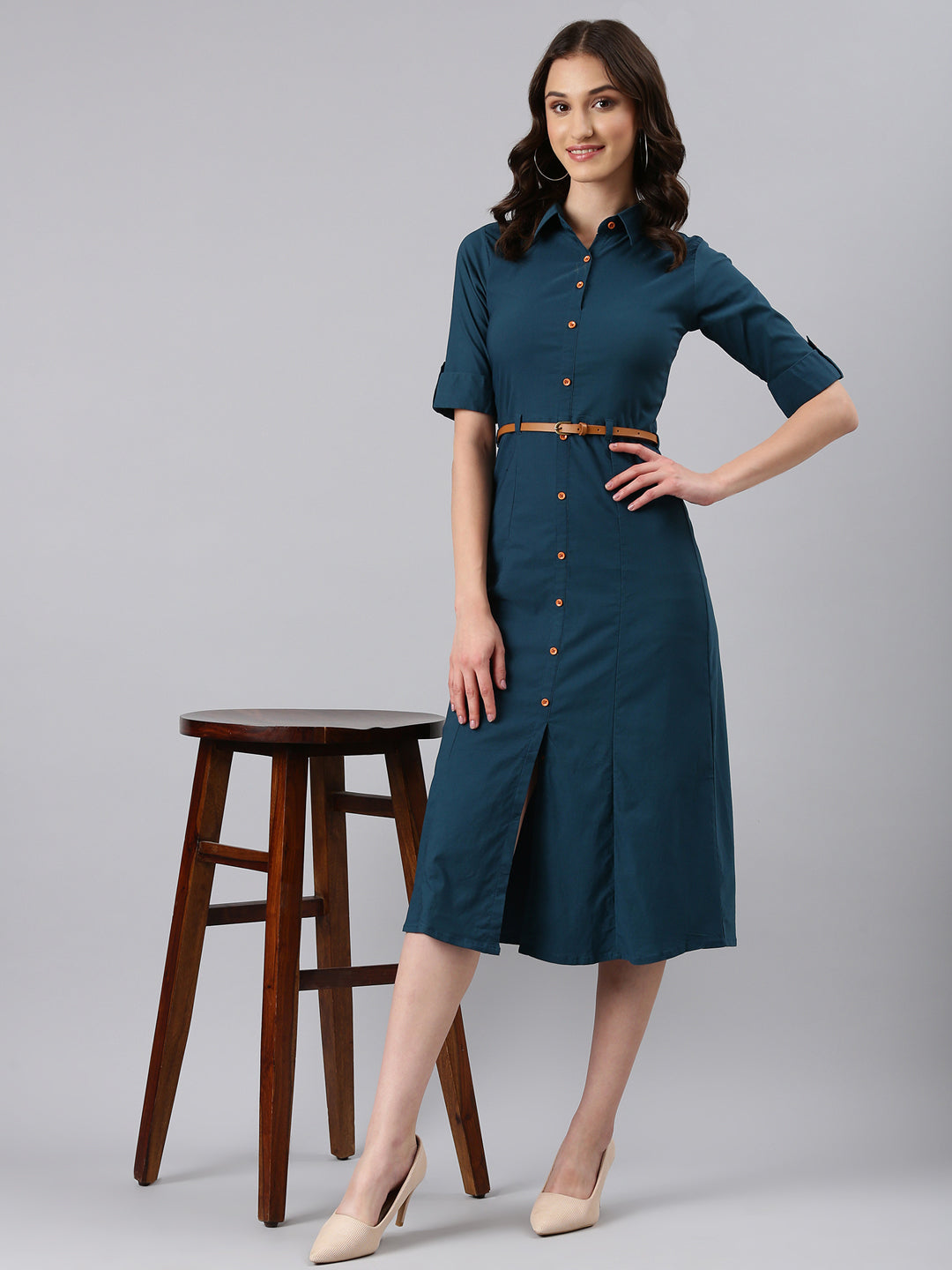 Women Teal Solid Shirt Dress