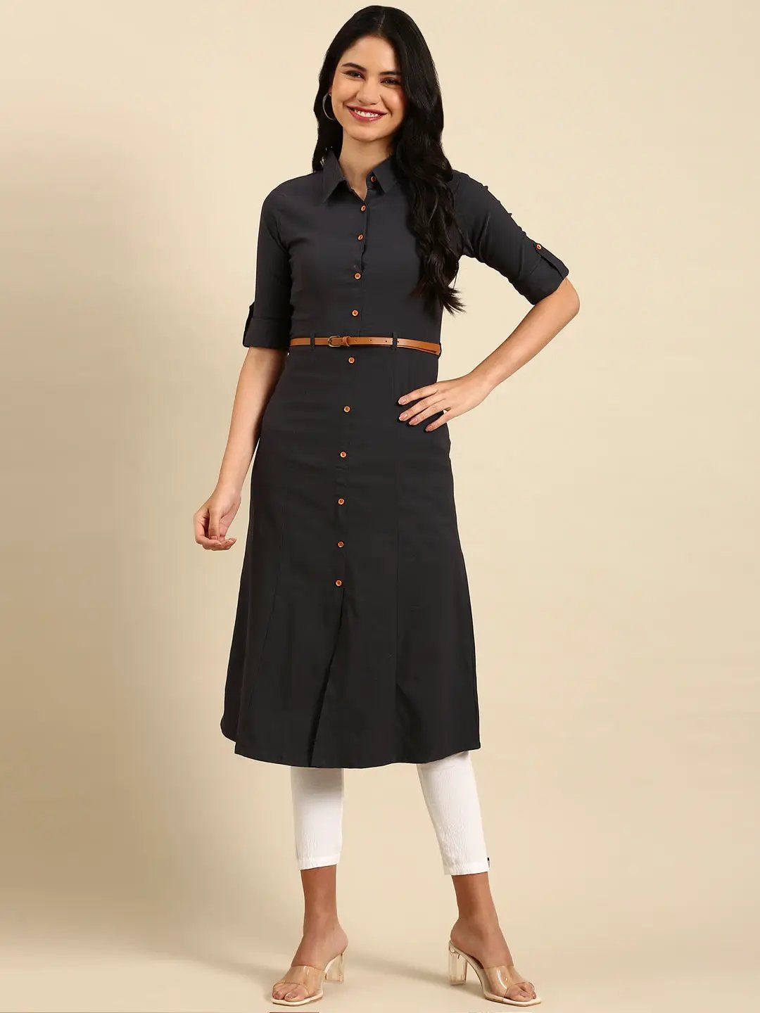 Women's Grey Solid A-Line Kurta