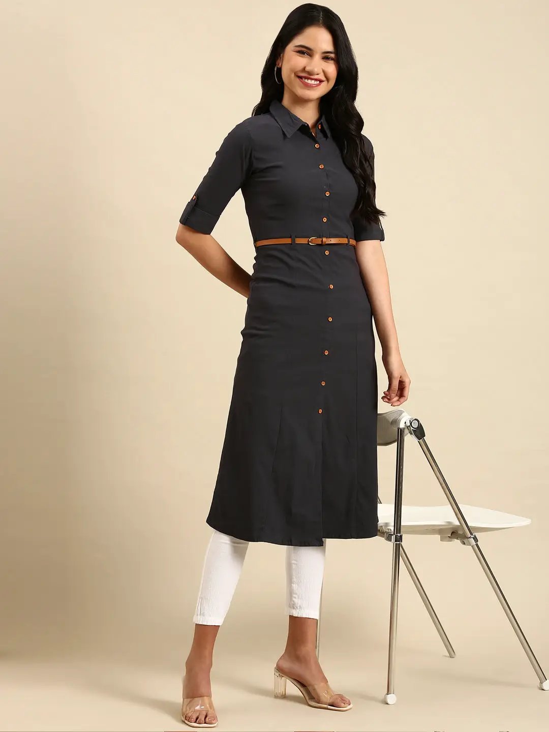 Women's Grey Solid A-Line Kurta