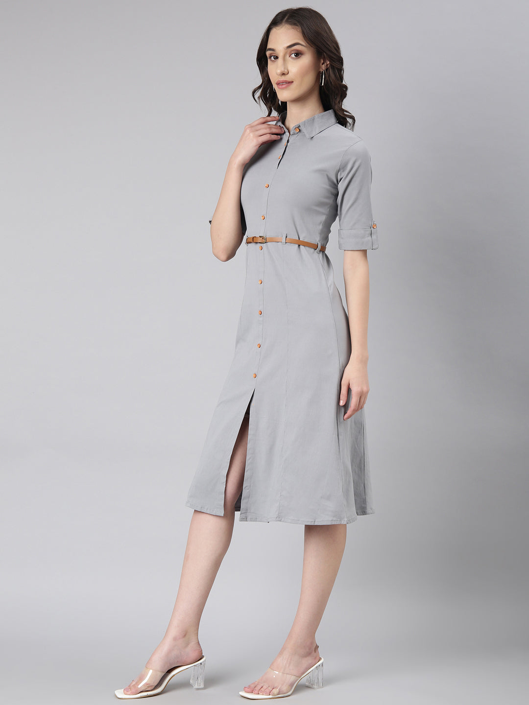 Women Grey Solid Shirt Dress