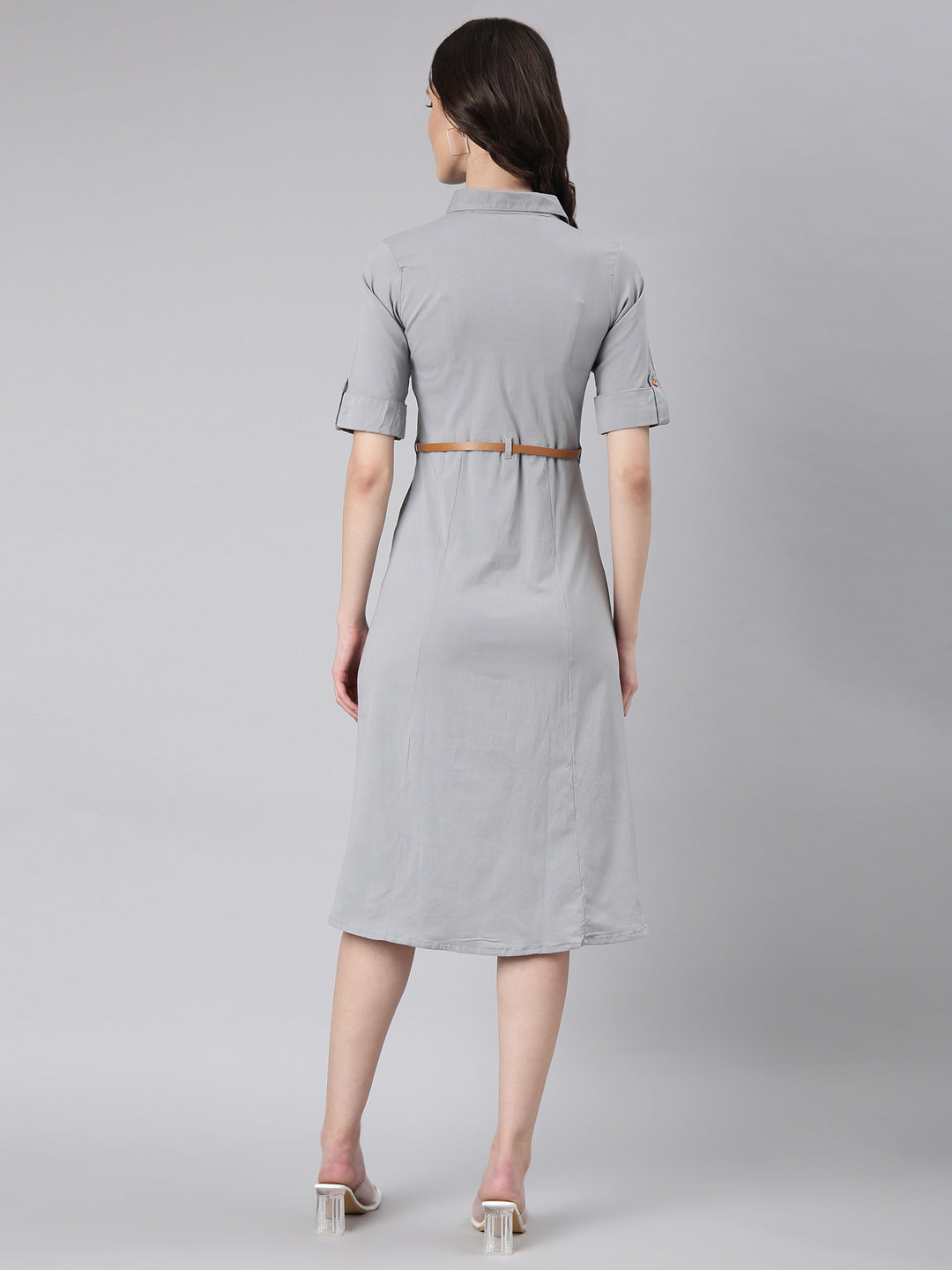 Women Grey Solid Shirt Dress