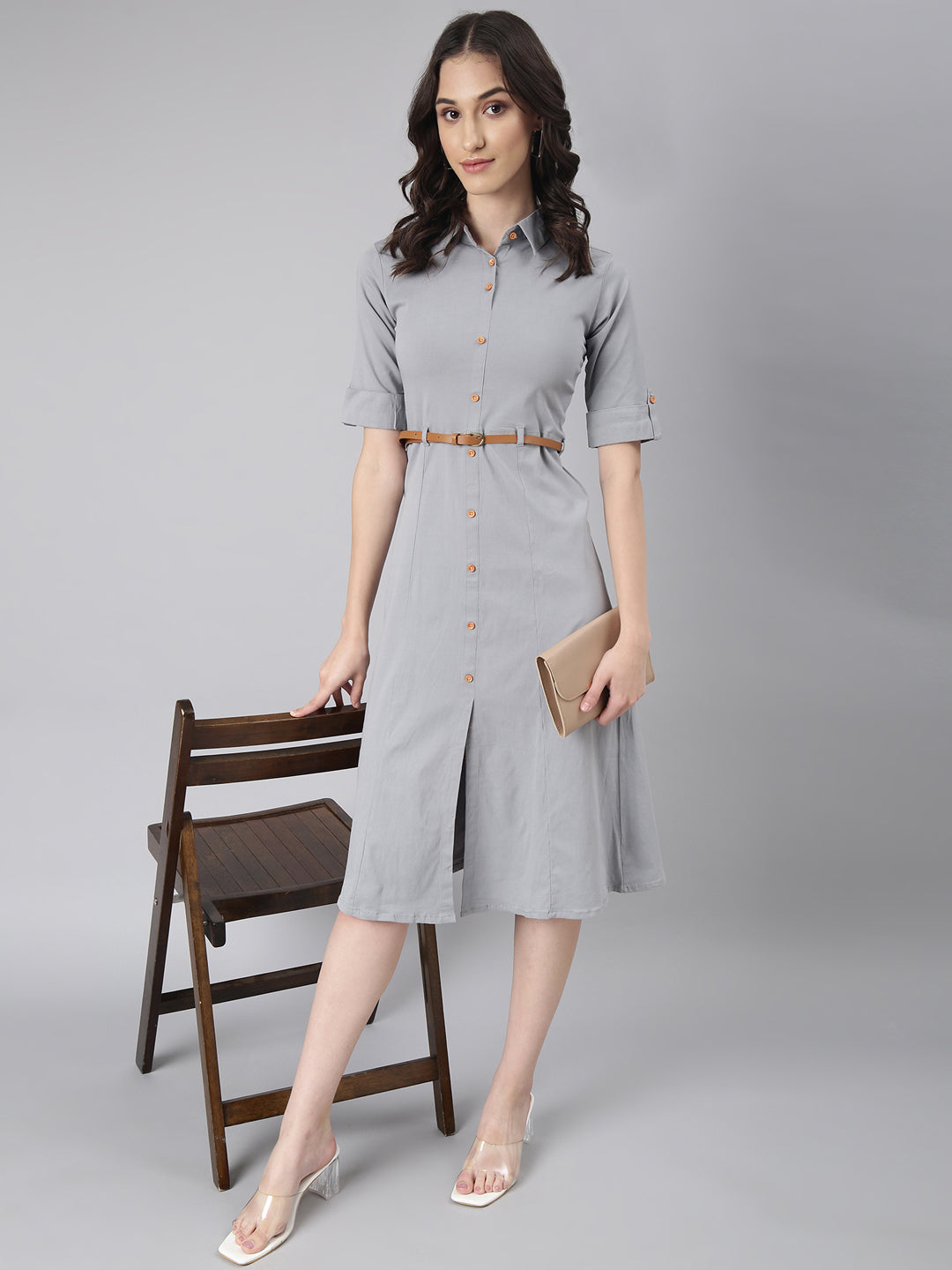 Women Grey Solid Shirt Dress