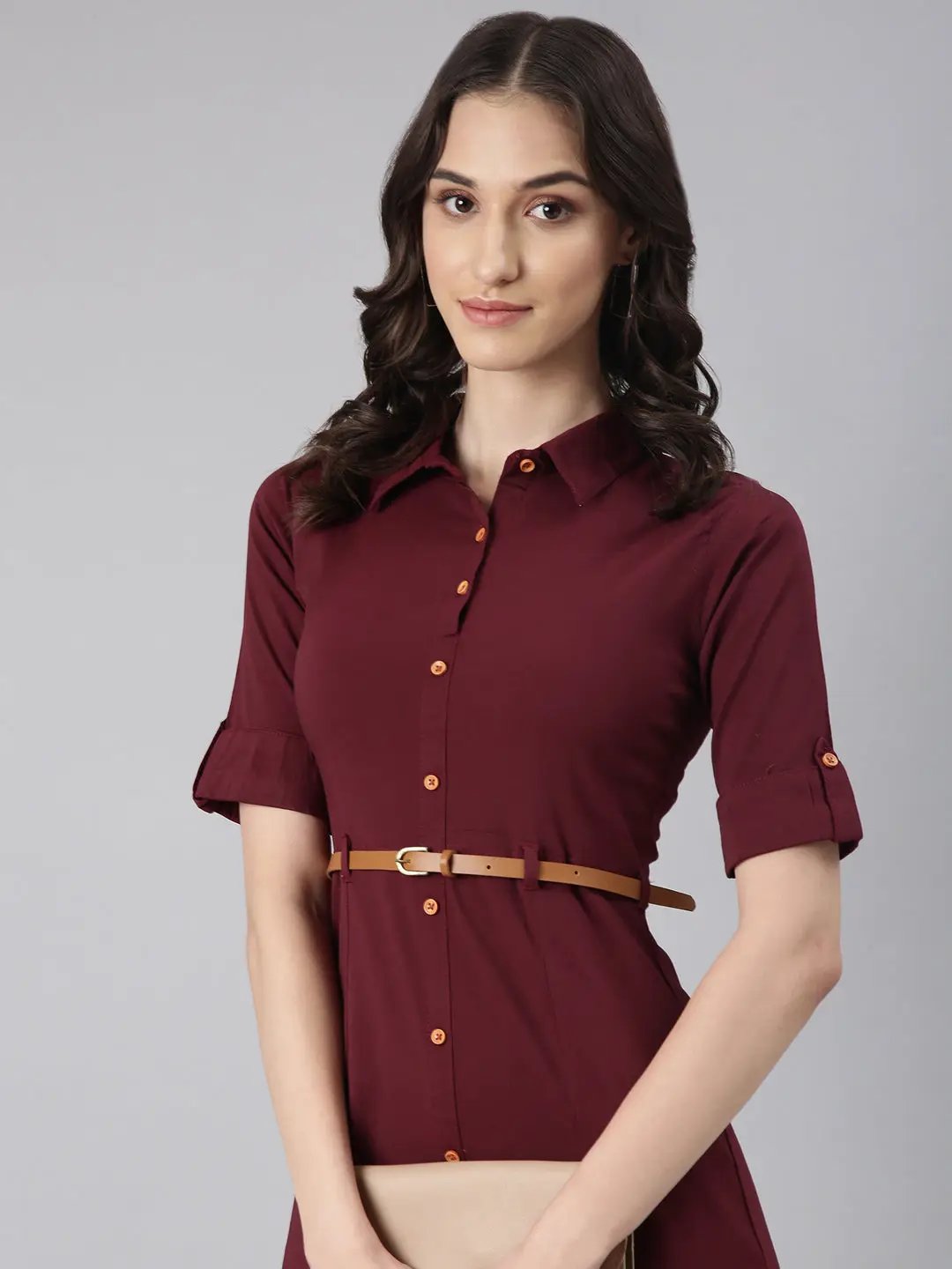 Shop Women's Maroon Belted Shirt Style Dress| Showoffff Shop Women's Maroon Belted Shirt Style Dress| Showoffff
