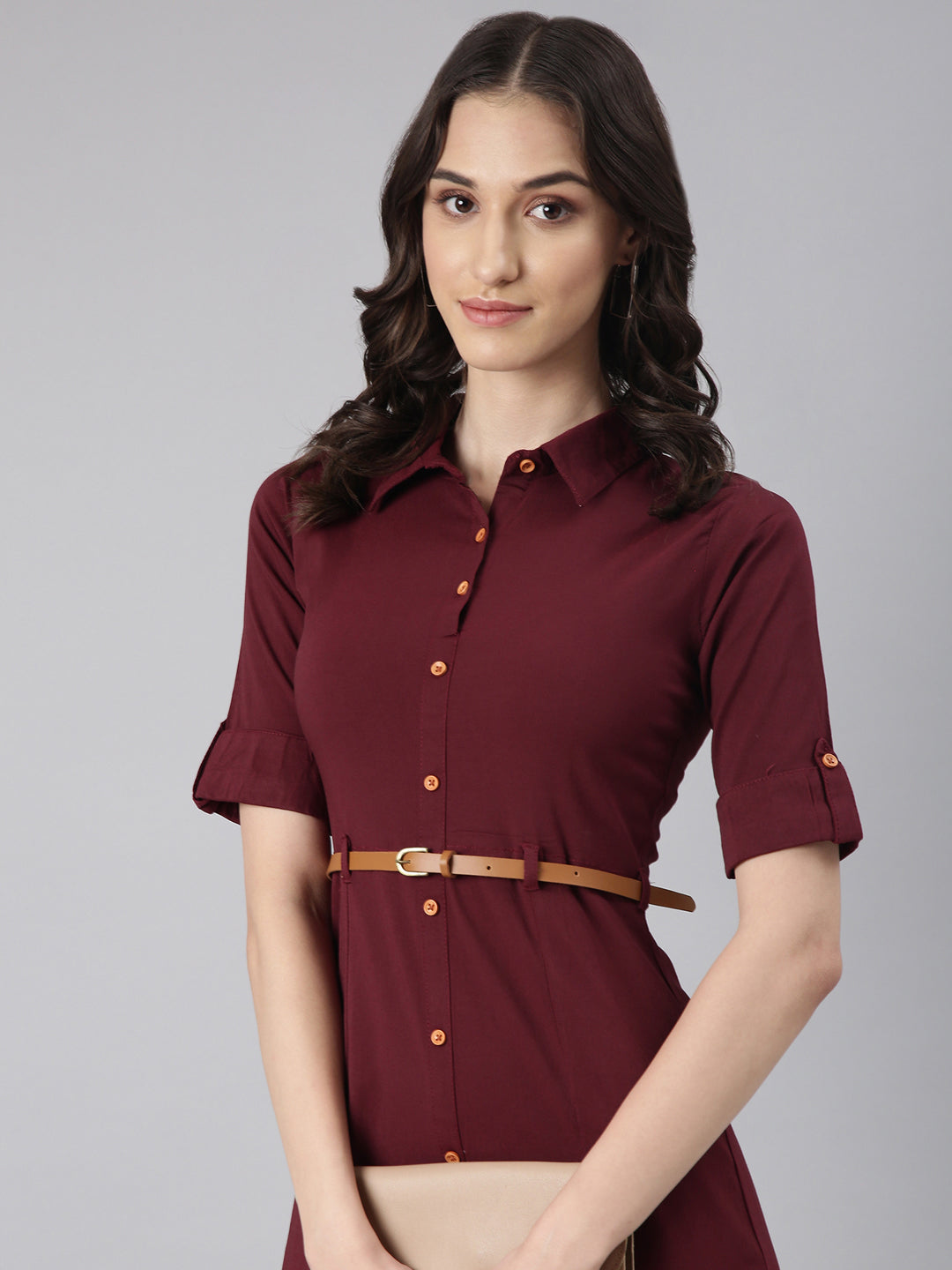 Women Maroon Solid Shirt Dress