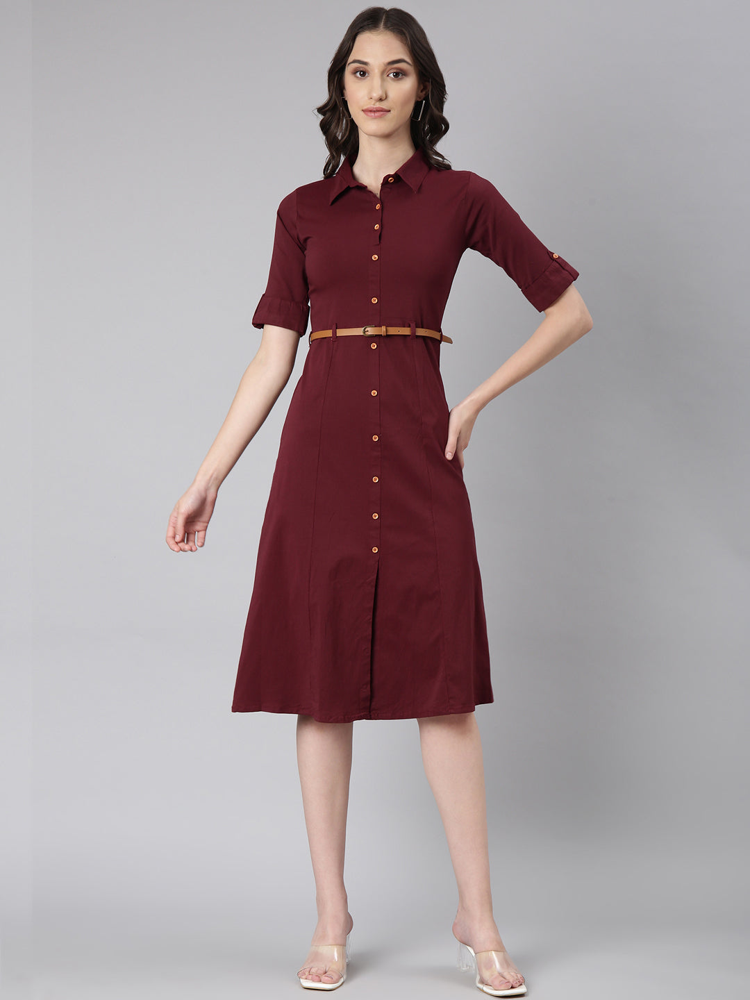 Women Maroon Solid Shirt Dress