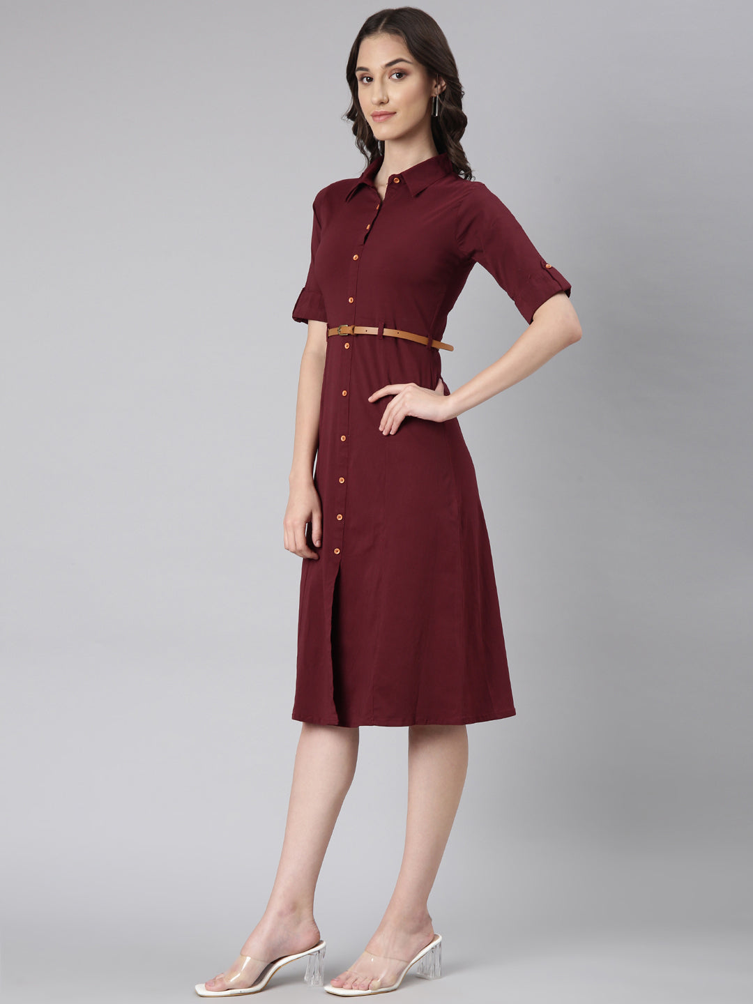 Women Maroon Solid Shirt Dress