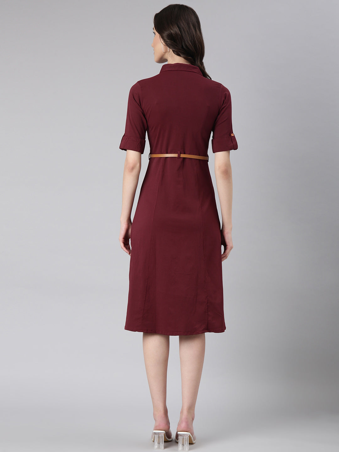 Women Maroon Solid Shirt Dress