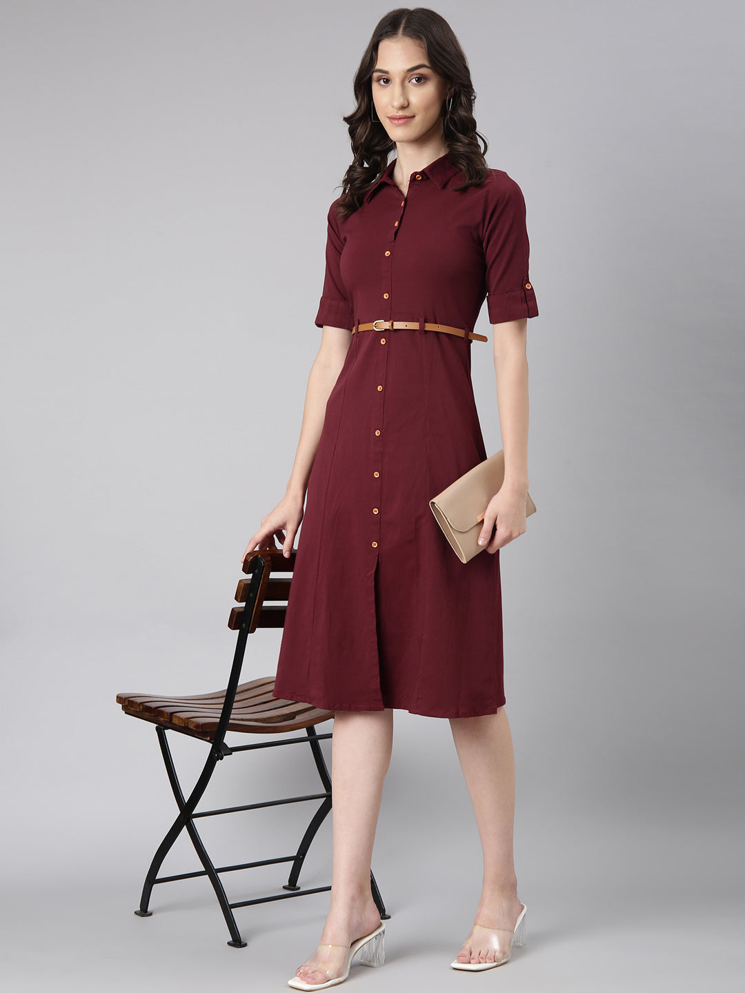 Women Maroon Solid Shirt Dress