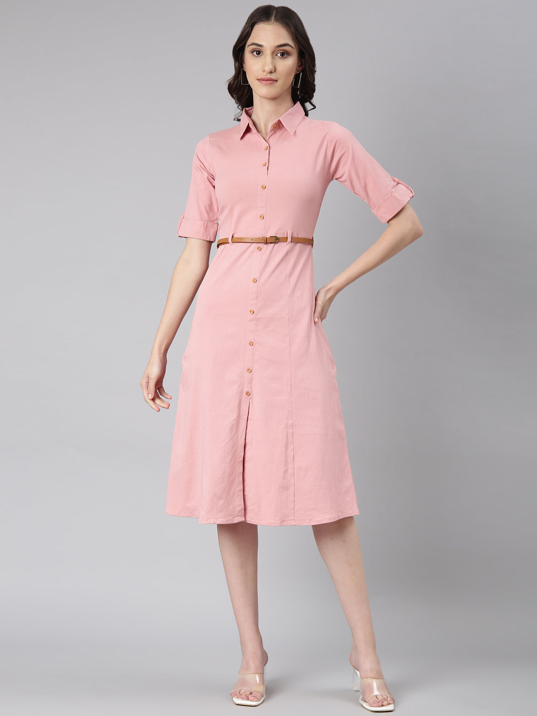 Women Pink Solid Shirt Dress