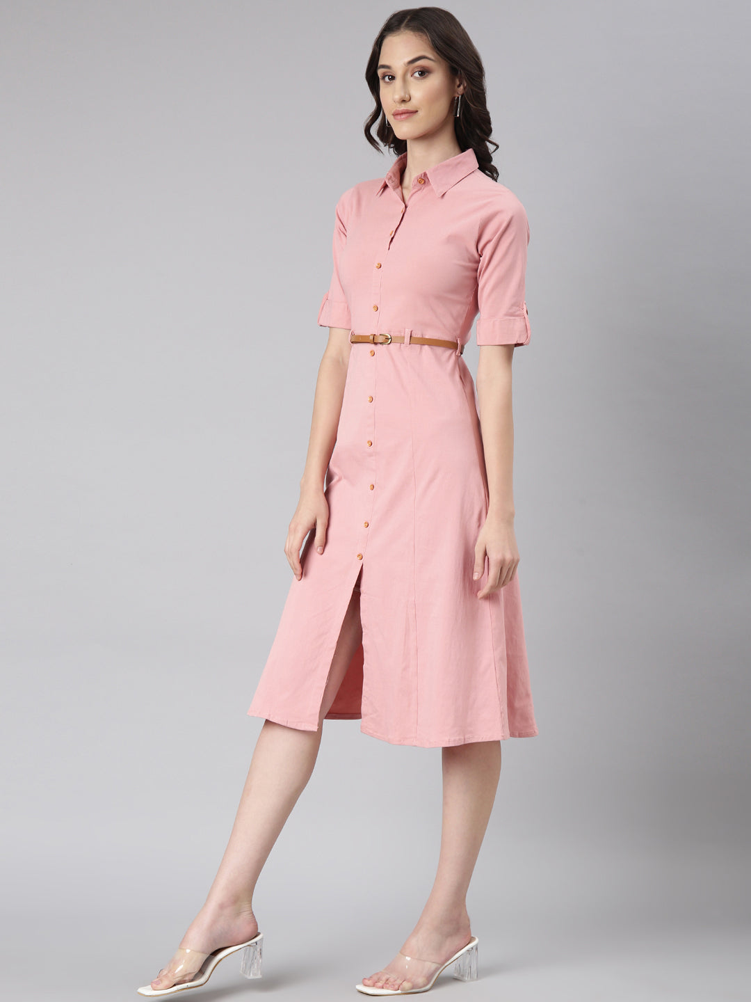 Women Pink Solid Shirt Dress