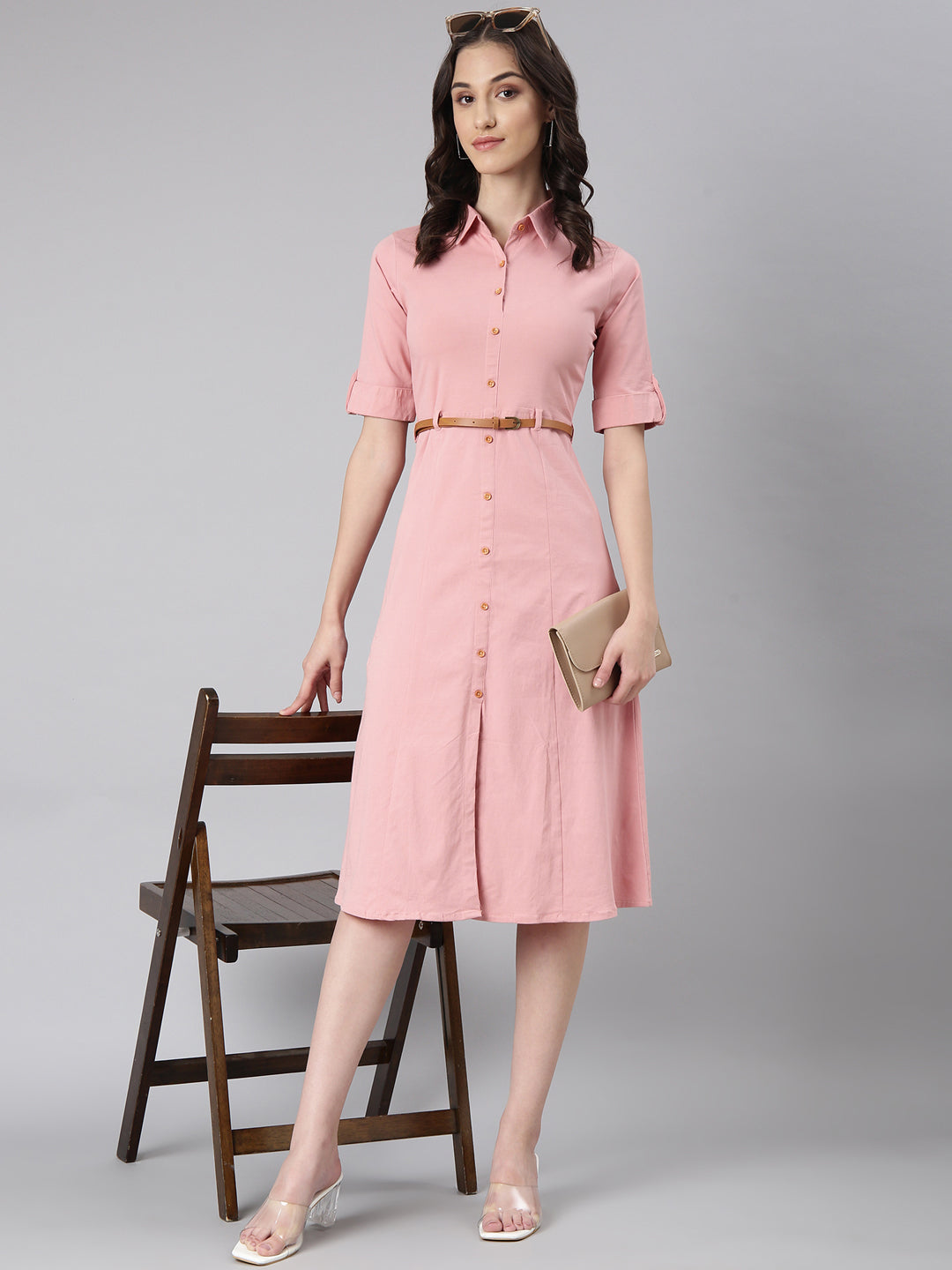 Women Pink Solid Shirt Dress