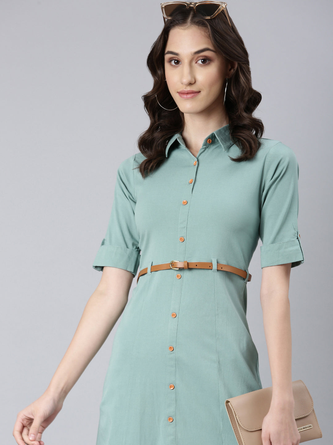 Women Sea Green Solid Shirt Dress