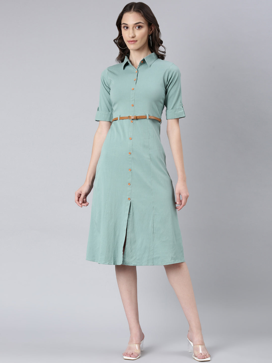 Women Sea Green Solid Shirt Dress