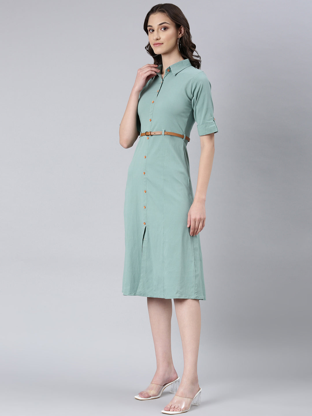 Women Sea Green Solid Shirt Dress