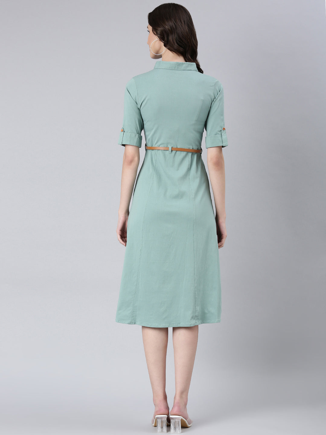 Women Sea Green Solid Shirt Dress