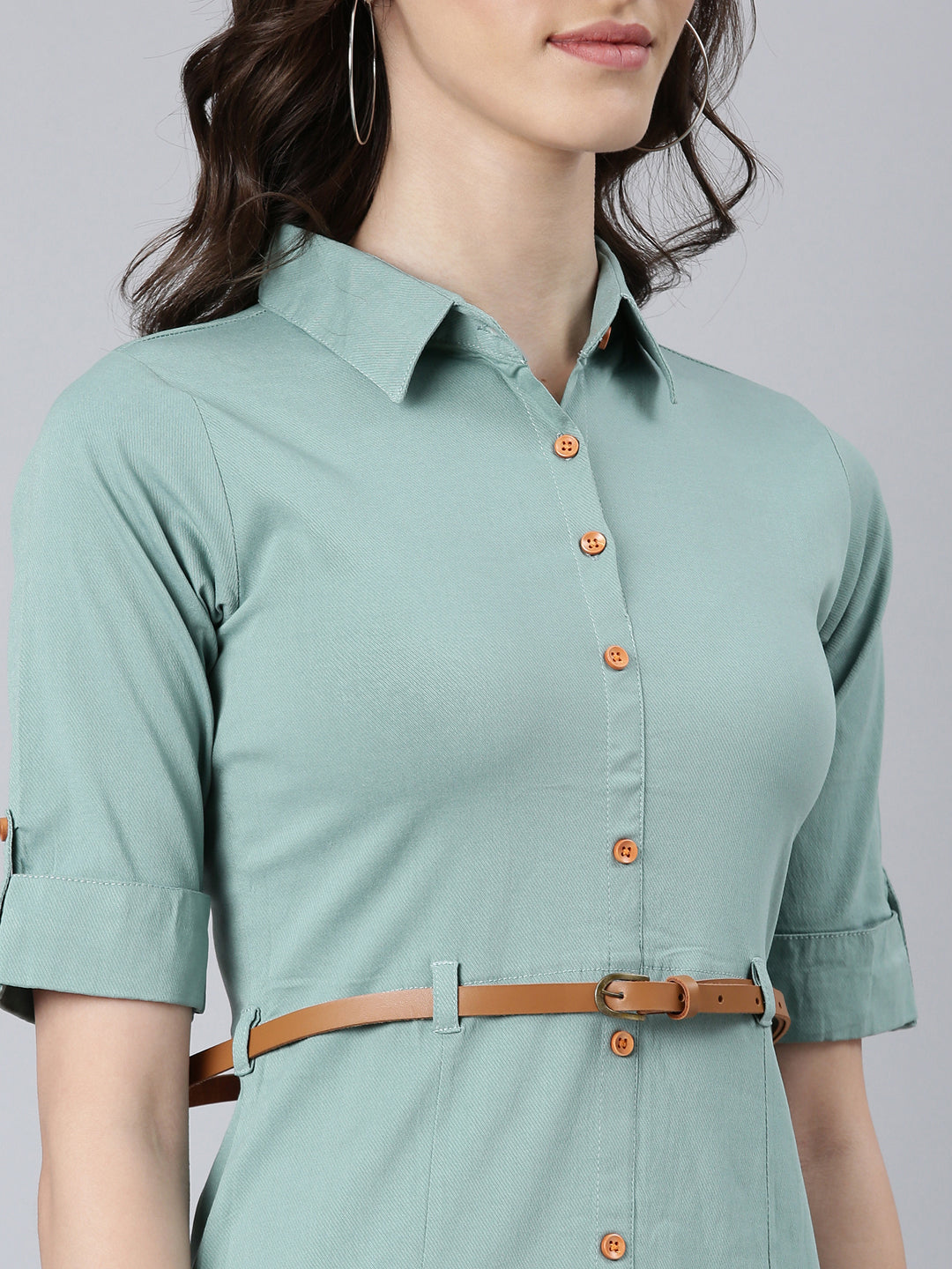 Women Sea Green Solid Shirt Dress